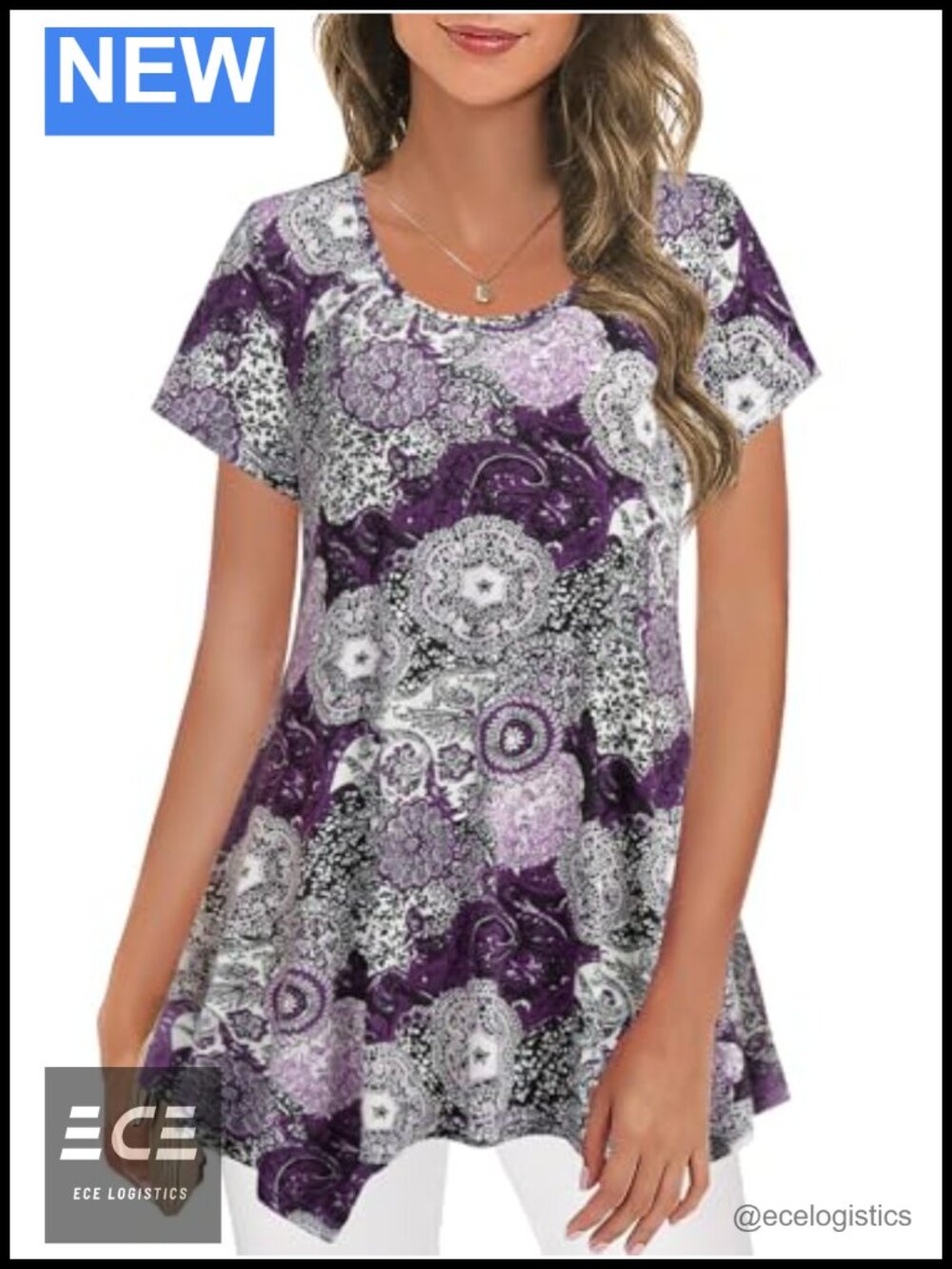 Women's Floral Tunic Scoop Neck Short Sleeve Loose Fit High Low Top